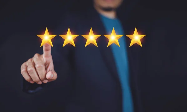 Customer review satisfaction concept, Man giving rating with Five star icon, Customer satisfaction survey concept