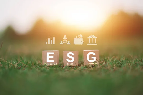 stock image ESG sign on wood cube for ESG concept Environmental Social Governance and  sustainable organizational development.