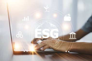 ESG kavramı, Çevre Sosyal ve Yönetim için İnsan ESG simgesi, Dünya sürdürülebilir çevre kavramı.