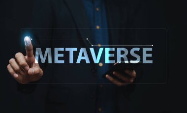 Görsel ekrandaki el teması metavers gelecek için yeni eğilim, metaverse Avatar