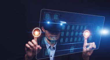 Belge yönetimi bilgi sistemi kavramı, Belge yönetimi bilgi sistemi için görsel ekran İnternet kullanan İşadamı ve şirkette ERP program veri dizini, ERP belge yönetimi