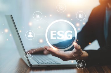ESG kavramı, Çevre Sosyal ve Yönetim için İnsan ESG simgesi, ESG Dünya sürdürülebilir çevre kavramı.