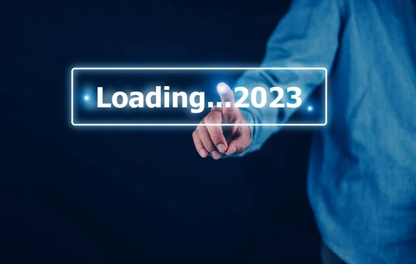 Hand Using Smartphone Search Bar Loading 2023 Start New Year — Stock Photo, Image