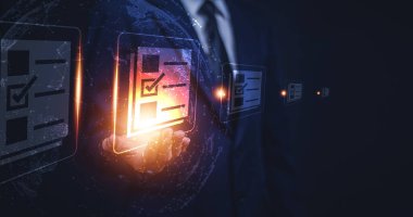 Belge yönetimi bilgi sistemi kavramı, Belge yönetimi bilgi sistemi için görsel ekran İnternet kullanan İşadamı ve şirkette ERP program veri dizini, ERP belge yönetimi