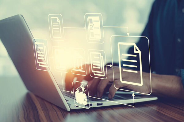 Концепция управления документооборотом, предприниматель, использующий компьютер для управления документооборотом, онлайновую базу данных документации и цифровую систему хранения файлов или программное обеспечение, ведение записей, технологии баз данных