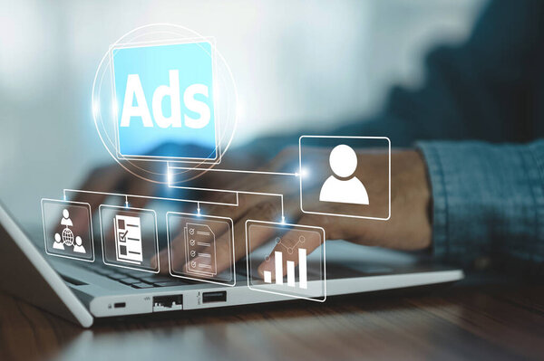People using Ads for digital marketing concept, online advertisement, ad on website and social media for customer