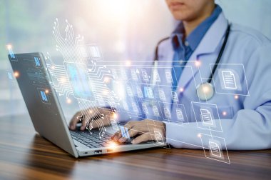 Doktor Al, modern tıbbi teknolojide yapay zeka ve IOT otomasyonu. AI belge yönetimi kavramını kullanan doktor.
