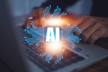 İş adamı yapay zeka, yapay zeka, robot desteği ve sohbet yapay zekası ile bilgisayar sohbeti yapıyor.