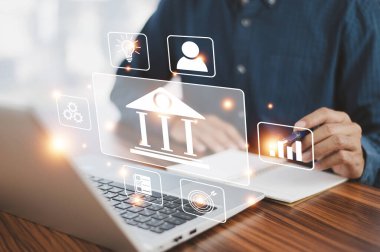 E bankacılık konsepti, ağ bağlantısı üzerine bankacılık. Dijital pazarlama. Finans ve bankacılık şebekesi. Çevrimiçi alışveriş ve müşteri ağı, siber güvenlik. İş dünyası