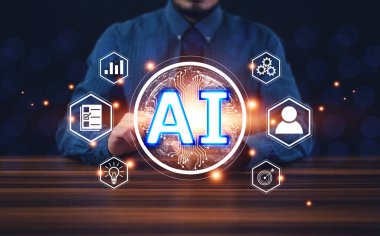 Yapay zeka sohbet robotu konsepti, yapay zeka konsepti, iş adamının yapay zeka teknolojisinde yapay zeka sohbet robotu kullanması..