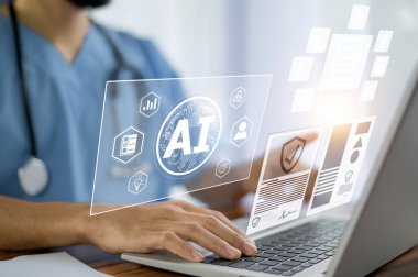 Doktor yapay zeka, modern tıbbi teknolojide yapay zeka ve IOT otomasyonu. AI belge yönetimi kavramını kullanan doktor.
