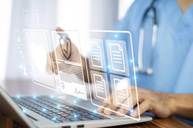 Doktor Al, modern tıbbi teknolojide yapay zeka ve IOT otomasyonu. AI belge yönetimi kavramını kullanan doktor.