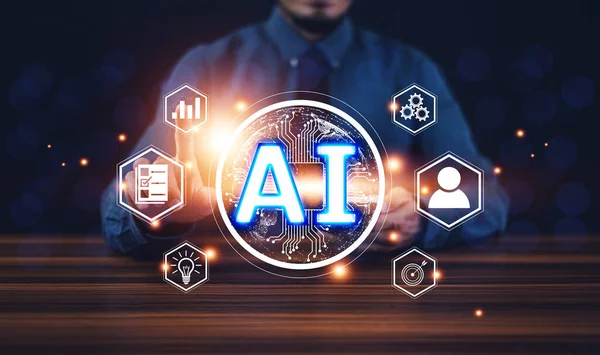 Ai聊天机器人概念 Ai人工智能概念 商人在计算机智能未来技术中的应用 — 图库照片