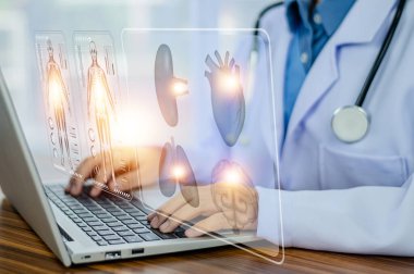 Diz üstü bilgisayarla çalışan doktor ve bilgisayar kullanarak hasta dosyalarını kontrol eden doktor, sağlık hizmetleri için bilgisayar kullanan doktor.