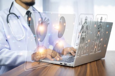 Diz üstü bilgisayarla çalışan doktor ve bilgisayar kullanarak hasta dosyalarını kontrol eden doktor, sağlık hizmetleri için bilgisayar kullanan doktor.