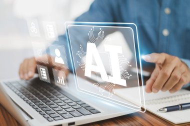 AI (Artificial intelligence) AI management and support technology in the Business plan marketing success customer. AI management concept. clipart