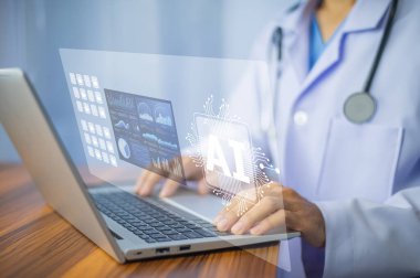 Tedavi için teknoloji yapay zeka ve hastane sistemindeki yapay zeka dijital belge verilerini kullanan bir doktor. Doktor Al, modern tıbbi teknolojide yapay zeka ve IOT otomasyonu. Doktor yapay zeka kullanıyor.