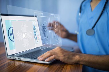 Doktor Al, modern tıbbi teknolojide yapay zeka ve IOT otomasyonu. AI belge yönetimi kavramını kullanan doktor.
