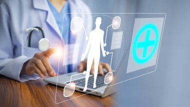 Doktor Sağlık Sigortası Konsepti. Sağlık ve tıbbi tedavi teknolojiyi modernleştirir. Doktor Al.