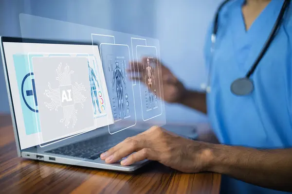 Doctor AI, artificial intelligence in modern medical technology and IOT automation. Doctor using AI document management concept.