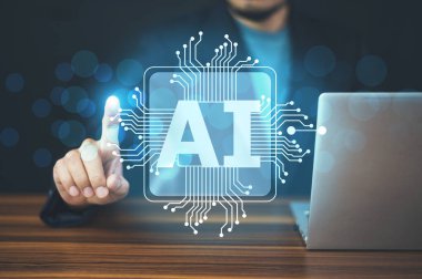İş adamı iş gününde yapay zeka modern teknolojisini kullanıyor. AI teknoloji konsepti.