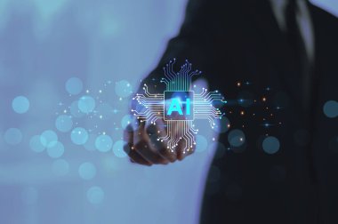 İş adamı yapay zekaya dokunuyor. Yapay Zeka (AI), makine derinliği öğrenme kavramı,