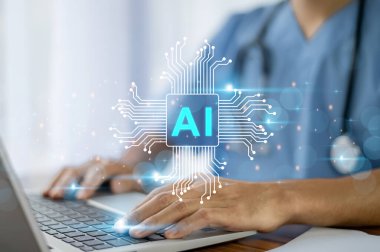Doktor Al, hasta için yapay zeka, modern tıp teknolojisi ve IOT otomasyonunda yapay zeka öğreniyor. AI belge yönetimi kavramını kullanan doktor.