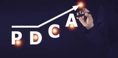 İşadamı PDCA kavramına, PDCA kavramına veya planına dokundu eylem yönetimi kavramını kontrol etti