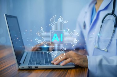 Doctor AI learning for patient, AI artificial intelligence in modern medical technology and IOT automation. Doctor using AI document management concept. clipart