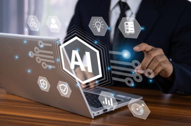 İş adamları çeşitli görevleri kolaylaştıran ve işleri kolaylıkla ve hızlıca analiz etmeye yardımcı olan yapay zeka teknolojisi sistemleri kullanıyorlar. Yapay Zeka Destek Konsepti.