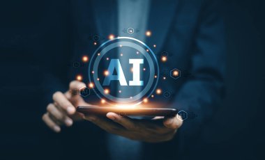 Generative ai Concept. Businessman Use AI technology to analyze business data and use it for investment and fund return analysis.