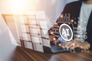 AI support document management concept. Businessman using computer open AI system to help management data document in working office.