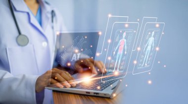 Doctor using AI technology treatment patient and document management on computer system.Modern AI technology fast in treatment. clipart