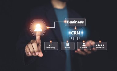 CRM Müşteri İlişkileri Yönetimi kavramı, İş pazarlaması için CRM yazılımı kullanan İşadamı, Müşteri Yönetimi.
