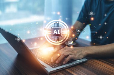 Generative ai Concept. Businessman Use AI technology to analyze business data and use it for investment and fund return analysis.