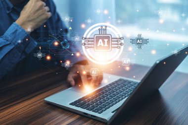 Generative ai Concept. Businessman Use AI technology to analyze business data and use it for investment and fund return analysis.