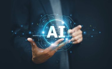 Teknoloji kullanan iş adamı Ai, yapay zeka konsepti analitik, otomasyon ve otonom beyin. büyük veri yönetimi, bilgisayar bağlantı bilgileri.