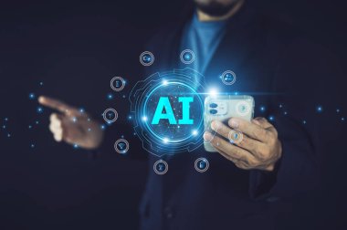 Yapay Zeka Teknolojisi. Asistan desteği. Yapay zeka optimizasyonu. İş adamı yenilik makinesi bilim ağını öğreniyor.