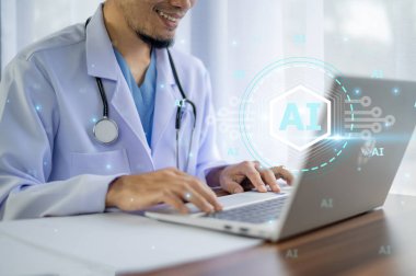 Doktor gelişmiş tanı, kişiselleştirilmiş tedavi planları, tıbbi veri analizi, klinik karar desteği ve sağlık hizmetleri yeniliği için yapay zeka teknolojisi kullanır..