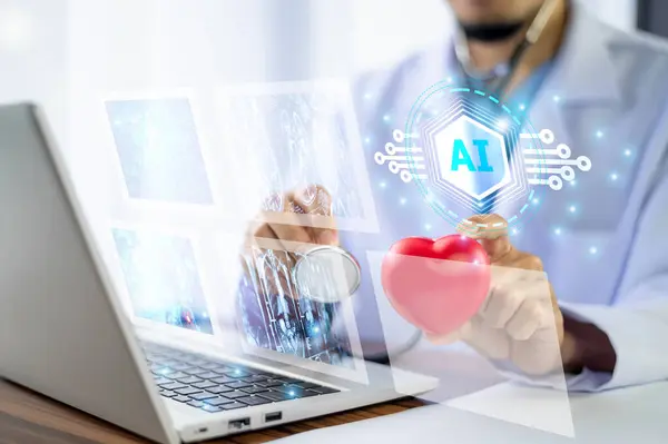 stock image Doctor uses AI technology for enhanced diagnostics, personalized treatment plans, medical data analysis, clinical decision support, and healthcare innovation.