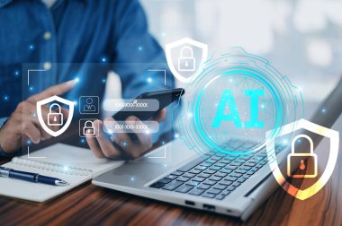 AI güdümlü siber güvenlik kullanan bir işadamı dijital tehditlere karşı korumayı artırır, hızlı tespit ve yanıt için gelişmiş teknolojiyi koz olarak kullanır, veri güvenliğini sağlar ve müşteriyi korur.