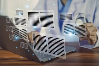 AI technology helps doctors analyze and manage medical documents efficiently improving accuracy in patient records and reducing administrative workload clipart