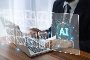 İş adamı yapay zeka teknolojisini gerçek zamanlı veri analizi ve tahmin yetenekleri sağlayarak iş zekasını geliştirir