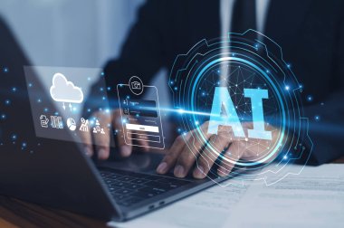 İşadamı şirket varlıklarını korumak, gizli bilgilerin korunmasını sağlamak ve dijital çağda siber tehditlerin azaltılmasını sağlamak için yapay zeka veri güvenliğini kullanıyor. AI güvenlik kavramı.