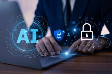 İş adamı, mahremiyeti korumak ve veri güvenliğini etkili bir şekilde yönetmek için yapay zeka algoritmalarını kullanıyor. Veri güvenliği için yapay zeka teknolojisi