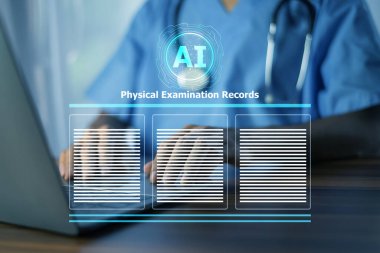 Doctor using AI technology to analyze patient records and improve healthcare efficiency.Healthcare professional employing AI algorithms to optimize patient care and data handling. clipart