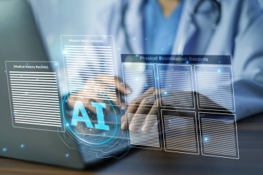 Doktor, hasta kayıtlarını analiz etmek ve sağlık verimliliğini artırmak için yapay zeka teknolojisini kullanıyor. Hasta bakımı ve veri işleme işini optimize etmek için yapay zeka algoritmaları kullanan sağlık uzmanları.