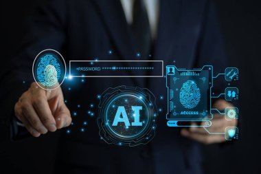 İş adamı, veri korumasını artırmak ve dijital işlemleri düzene sokmak için parmak izi taraması gibi gelişmiş yapay zeka teknolojisi ve biyometrik güvenlik sistemleri kullanıyor..