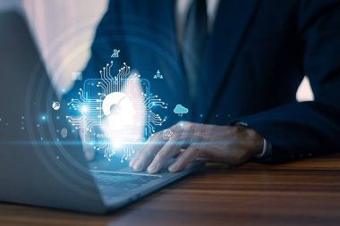 Finansal verileri ve piyasa eğilimlerini analiz eden yapay zeka kullanan iş adamı modern ofis ortamları, yenilik ve teknoloji kavramı verimliliği ve başarıyı vurguluyor