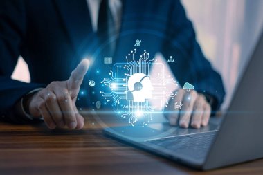 Finansal verileri ve piyasa eğilimlerini analiz eden yapay zeka kullanan iş adamı modern ofis ortamları, yenilik ve teknoloji kavramı verimliliği ve başarıyı vurguluyor